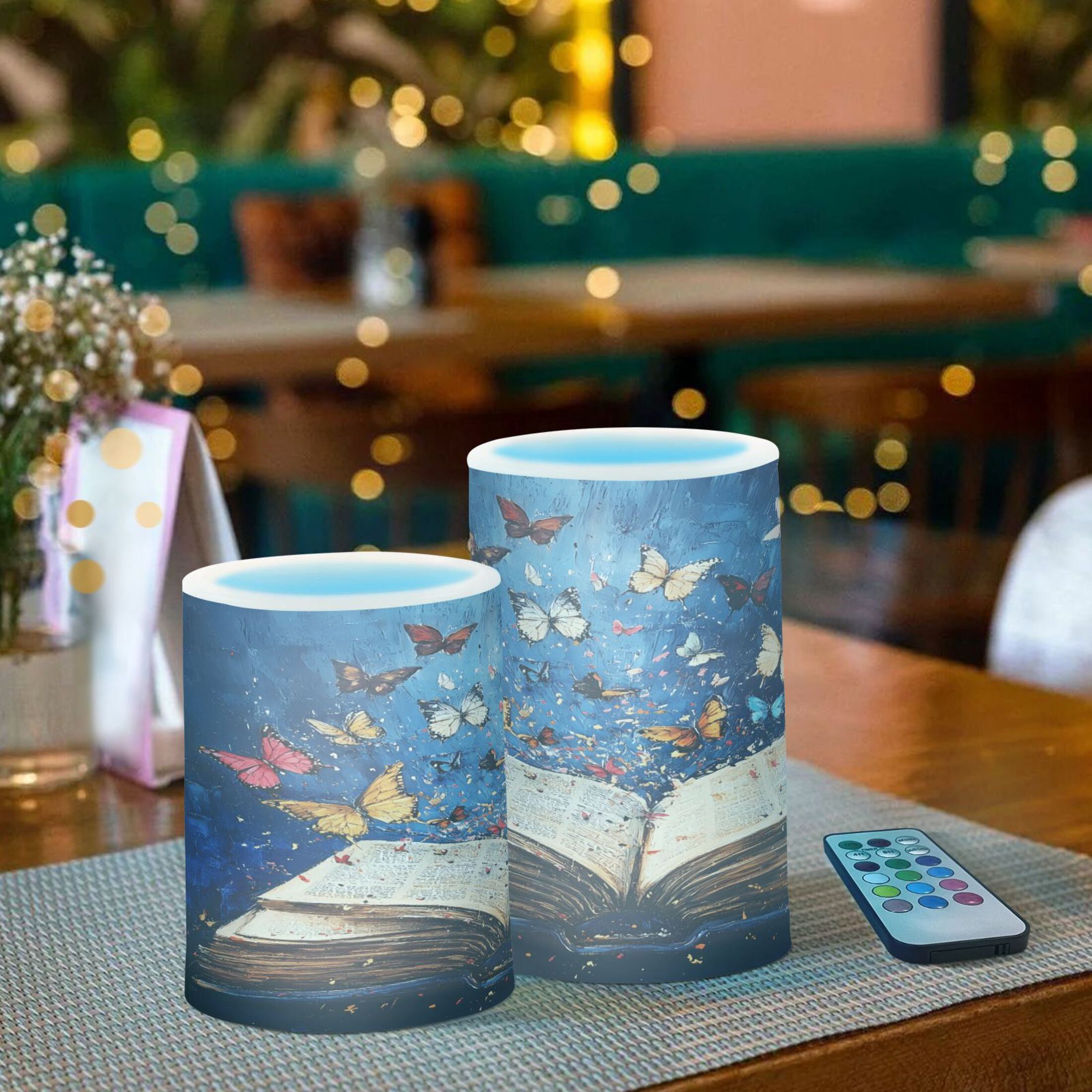 Flickering Flameless LED Candles set of 2 Battery Operated 18-Key Remotes Timer Halloween Fall Decor Colorful Butterflies Fly on Book D3''xH4''5''