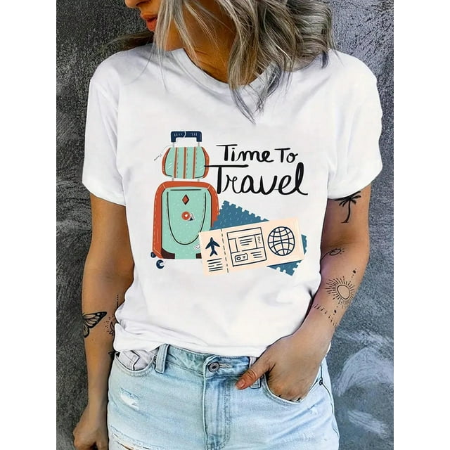 Camiseta de manga corta con estampado de eslogan y equipaje, camisetas gráficas para mujer, camisetas deportivas de ocio