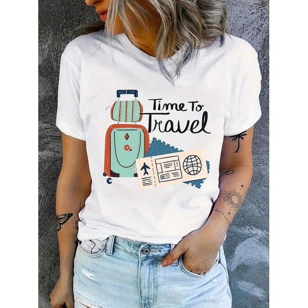Slogan and Luggage Print Short Sleeve T-Shirt Graphic Tees Women Tops