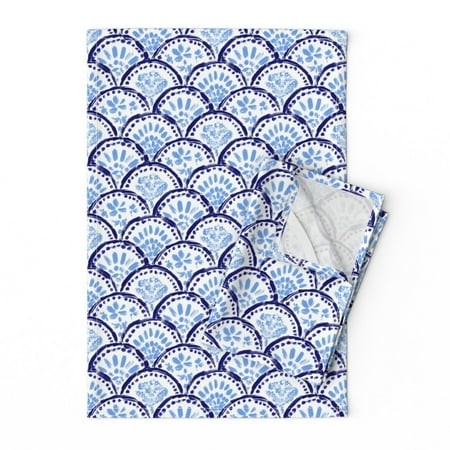 

Printed Tea Towel Linen Cotton Canvas - Blue Waves Chinoiserie Cobalt White Asian Scallop Flowers Navy Peony Print Decorative Kitchen Towel by Spoonflower