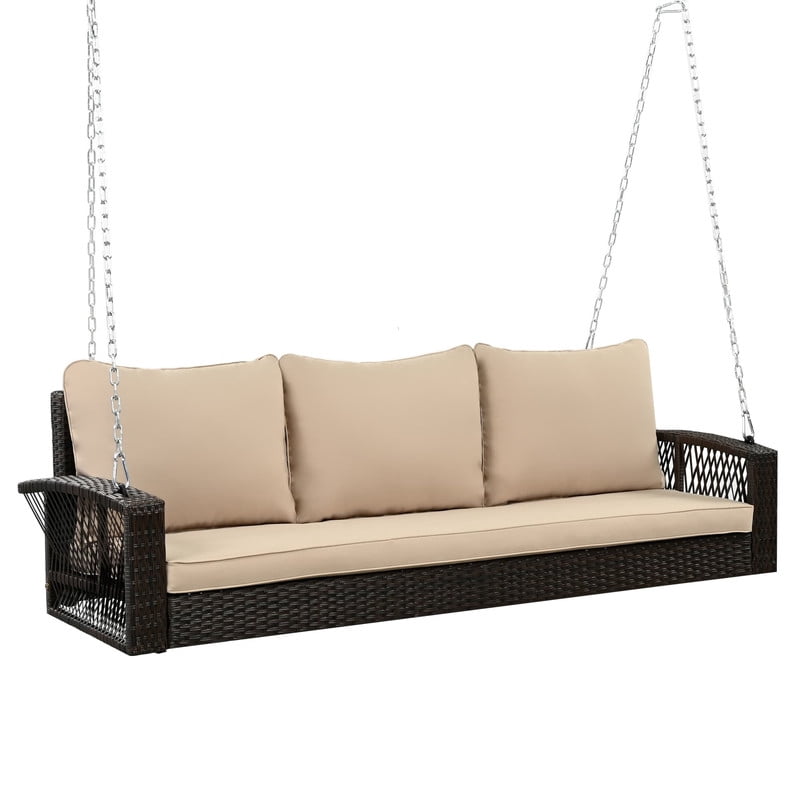 3-Person 69" PE Wicker Porch Swing with Chains, All-Weather Large Patio Swing Bench with Cushions for Backyard, Garden, and Poolside