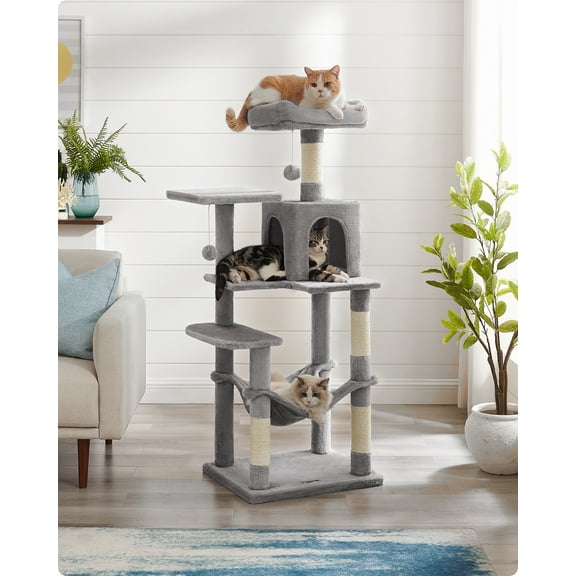 Feandrea - Árbol para gatos de varios niveles para interiores, torre para gatos tipo condominio con 4 postes para rascar, 2 posaderos, hamaca y cueva, gris claro, 56.3 pulgadas,
