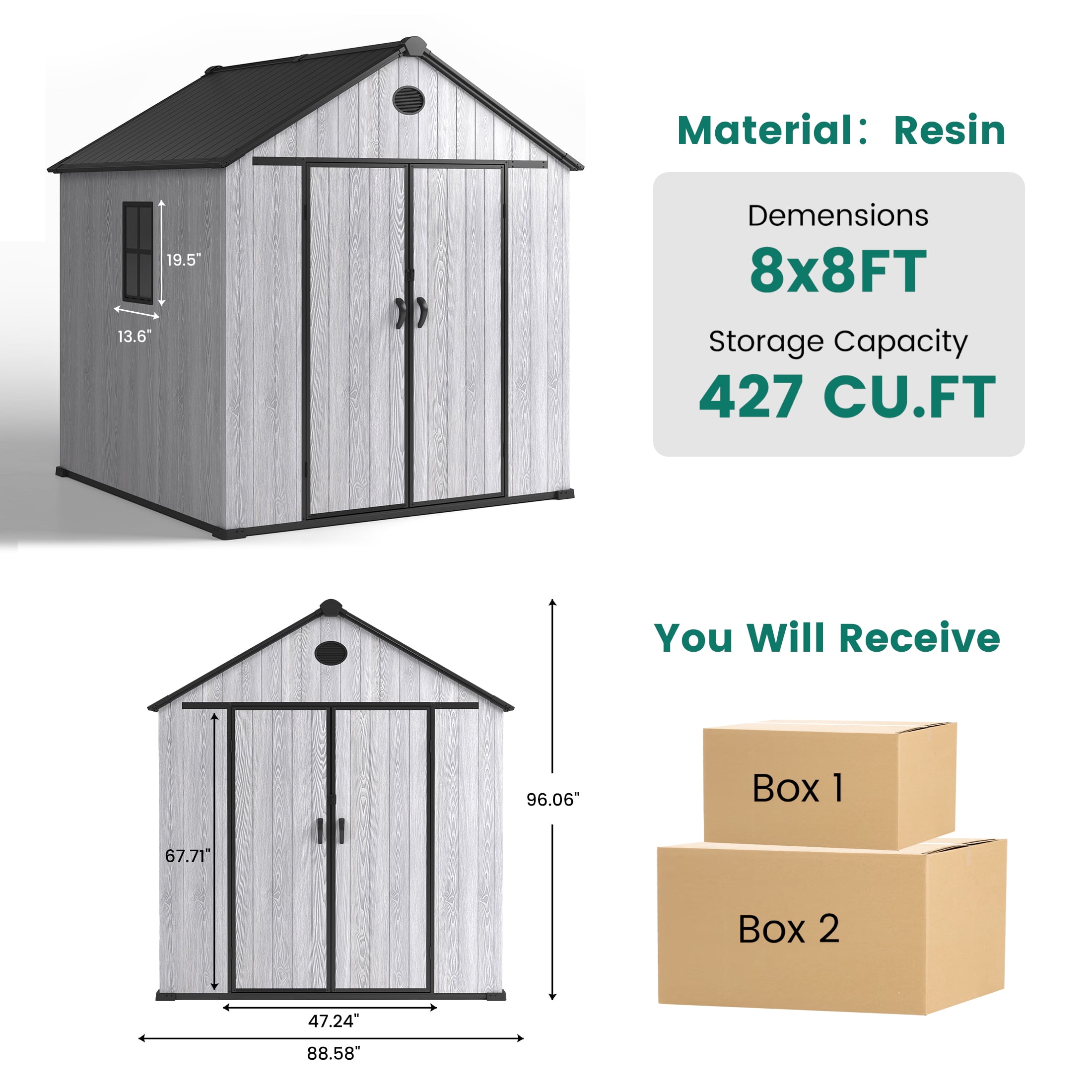 Enyopro 8×8 FT Storage Shed, Large Walk-in Outdoor Storage Shed, Heavy-Duty Resin Shed with Lockable Double Doors, Reinforced Roof, Windows & Floor, Weatherproof Garden Shed for Backyard Patio, Gray