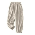 thumbnail image 3 of Juslio Pants for Women Linen Pants Women Wide leg Solid Color Drawstring Elastic Waist Casual Work With Pockets Beach, 3 of 5