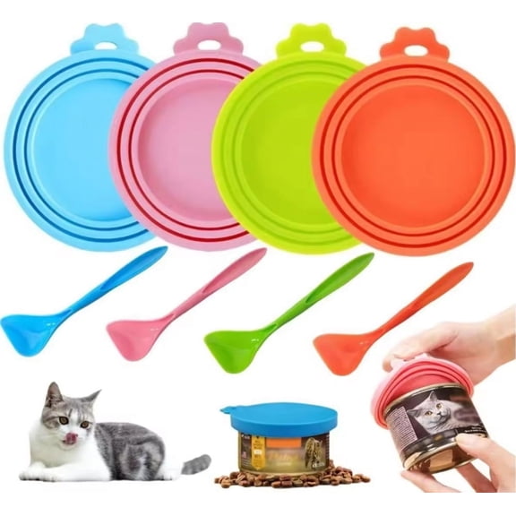 4 Pack Silicone Pet Food Can Covers with Spoon, Lids for Dog and Cat Food Cans, TIKA