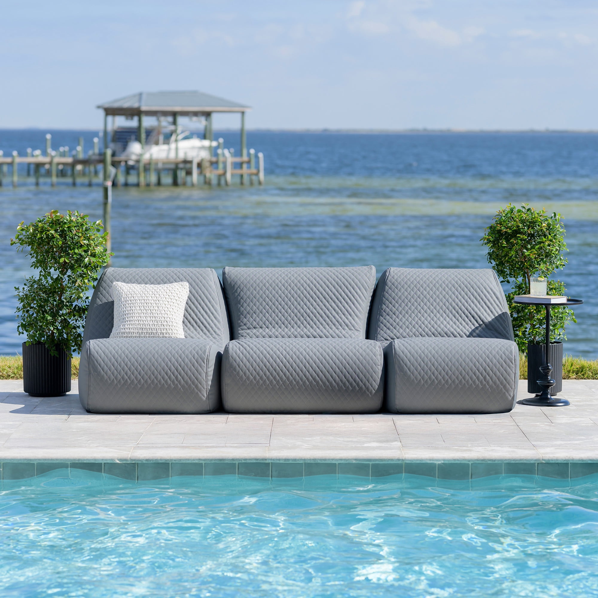 Big Joe Solvana Outdoor Sectional, 3 Piece Patio Furniture Set, Weather-Resistant Cool Touch Silicone Stitched Leather Sofa, Moonlit Gray