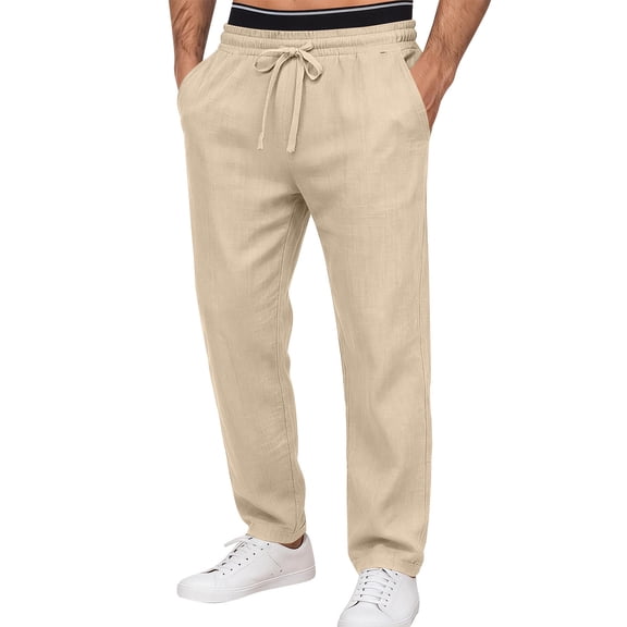 Mens Baggy Causal Pants Drawstring Elastic Waist Trousers Loose Fit Wide Leg Straight Sweatpants Lightweight Workout Golf Linen Trousers Hiking Outdoor Track Jogging Pants