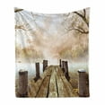 thumbnail image 1 of Autumn Soft Flannel Fleece Throw Blanket, Old Wooden Jetty on a Lake Fallen Leaves and Foggy Forest in Distance, Cozy Plush for Indoor and Outdoor Use, 60" x 80", Pale Brown Green Tan, by Ambesonne, 1 of 6