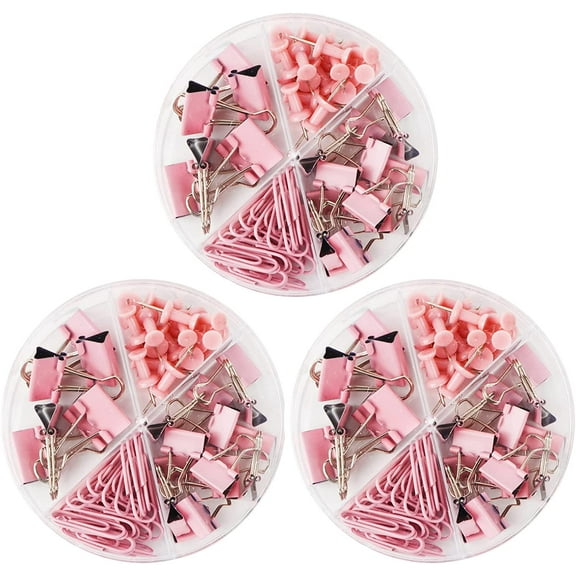 Binder Clips, Paper Clips, Push Pins Sets, Durable and Rustproof, Paper Clips Sets for Files, Papers, Home Supplies, 216 PCS in Total (Pink Set of 3)