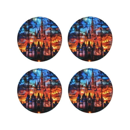 

Coasters Set of 4 - Magical Stained Glass Castle Drink Coasters for Tabletop Protection Leather Coasters for Living Room Decor and Housewarming Gift Round Shape