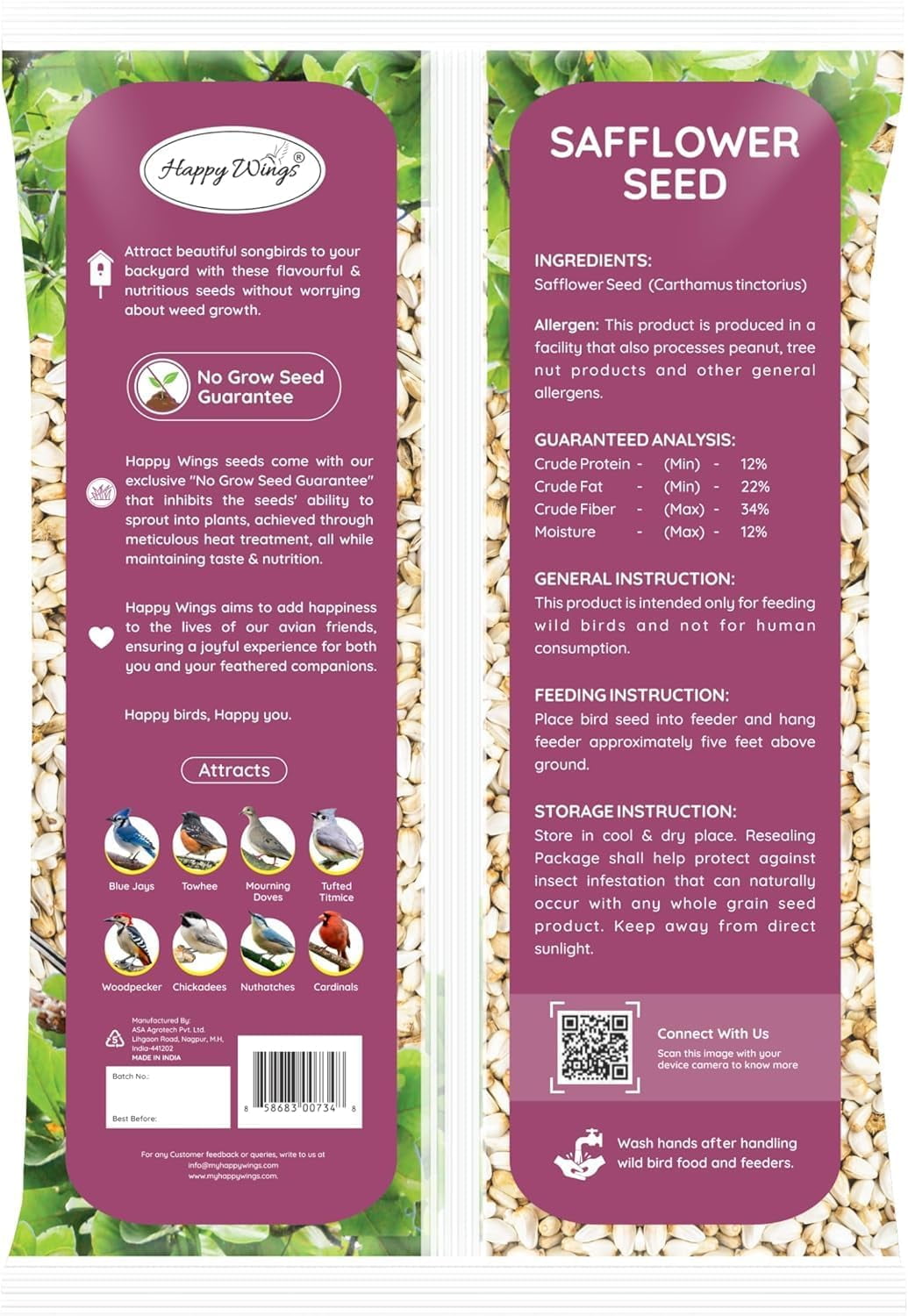 Happy Wings 4lbs No Grow Safflower Seed Wild Bird Seed -Food for Wild Birds - Dry, 2 Pack
