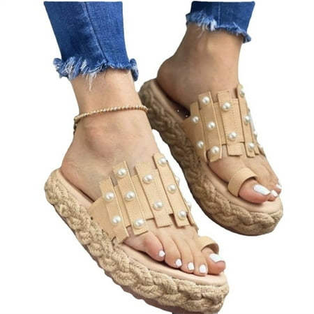 

Women s Platform Sandals Summer Beaded Open Toe Slip-on Shoes Breathable 37 Apricot