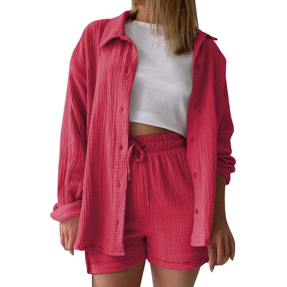 Arlun Two Piece Sets for Women Soft Cozy Fabric Long Sleeve Button down Shirts and High Waist Shorts Summer Casual Set Oversized Lightweight Breathable Plain Color Tracksuit Red XL