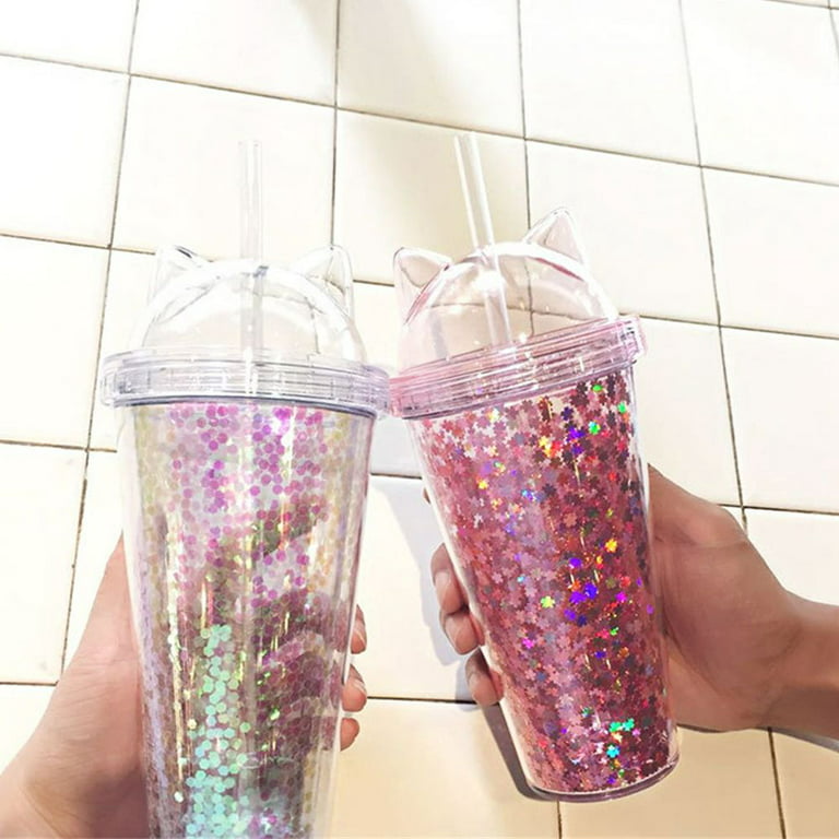 420ml Outdoor With Straw Glittery Portable Double Wall Water Bottle Cat Ear  Drinking Cup Drinkware Smoothie Cup TRANSPARENT 