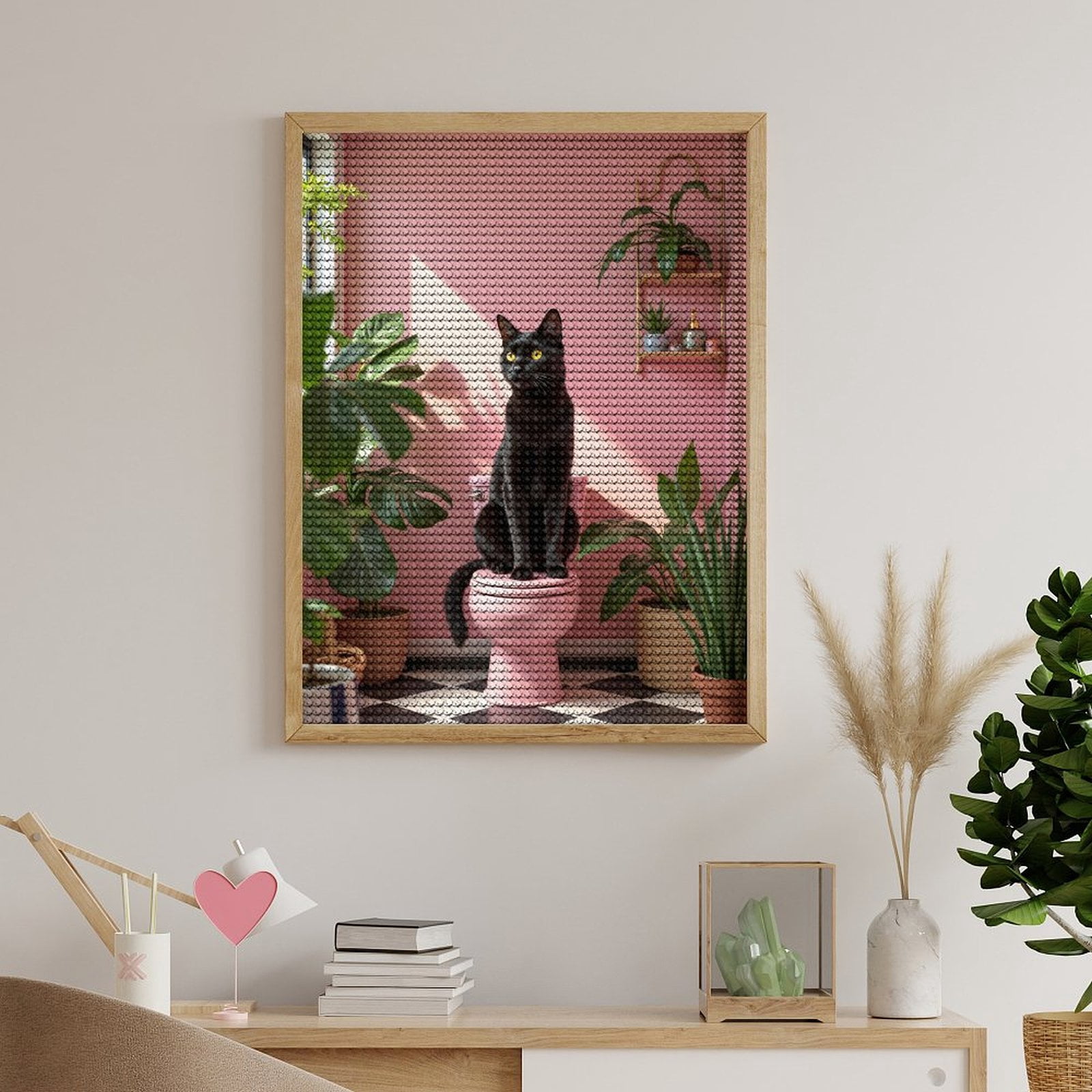 Diamond Art Kits for Adults, Black Cat Pink Bathroom Plants 5D Diamond Painting Kits for Adults Beginners, DIY Full Drill Diamond Painting, Gem Art and Crafts 12x16