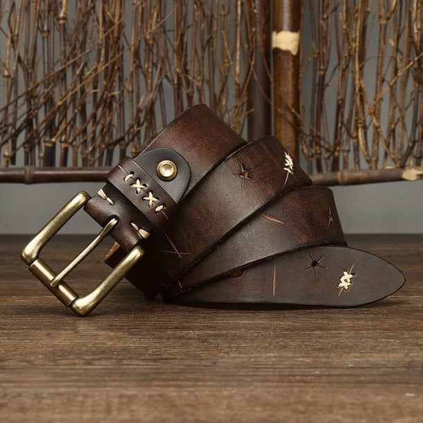 Cinturón de piel de vaca con hebilla de alfiler para hombre, estilo retro desgastado, personalizado, de primera capa, lavado, personalizado, para jeans