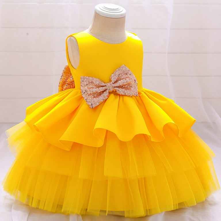 Penkiiy Toddler Girls Net Yarn Embroidery Rhinestone Bowknot Birthday Party Gown Long Dresses Headband Suit Baby Girl Dresses for Photoshoot 18 24Months Yellow 2023 Summer Deal Walmart