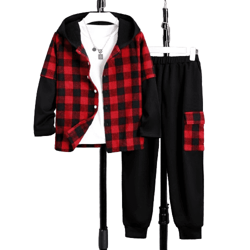 Mikrdoo 11-12 Years Big Boys Kid Boys Fall Winter Clothes Plaid Casual Button-up Pullover Hoodies With Flap Pocket Jogger Pants 2Pcs Outfits Red
