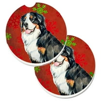 Bernese Mountain Dog Red  Green Snowflakes Holiday Christmas Set of 2 Cup Holder Car Coasters