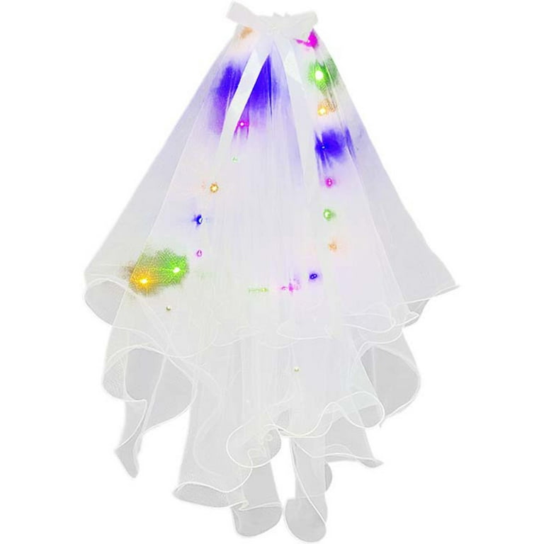 Seekfunning LED Bride Wedding Veil Light-Up Toys, 2 Tier Pencil Edge Bridal Veils with Hair Clip Glowing Party Club Statement Headpieces for Girls