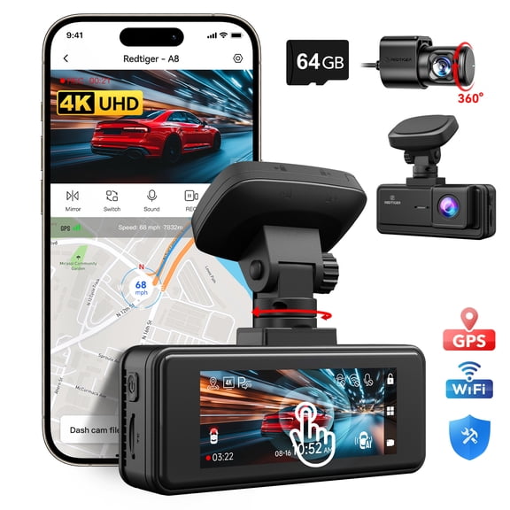 REDTIGER A8 Dash Cam Front and Rear, 3.18" IPS Touch Screen 4K Car Camera with AI-Powered Driver Assistance,free 64GB Card, Built-in GPS, Super Night Vision, 24H Parking Monitor, G-Sensor