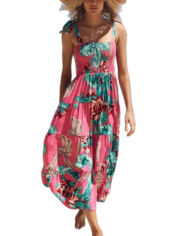 Women Boho Dress Summer Floral Ruffle Sleeveless Dress A Line Beach Long Swing Sundress