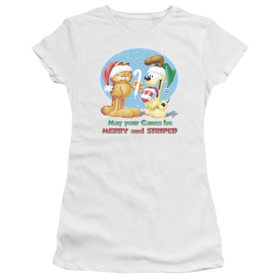 Garfield - Merry And Striped - Juniors Teen Girls Cap Sleeve Shirt - Large