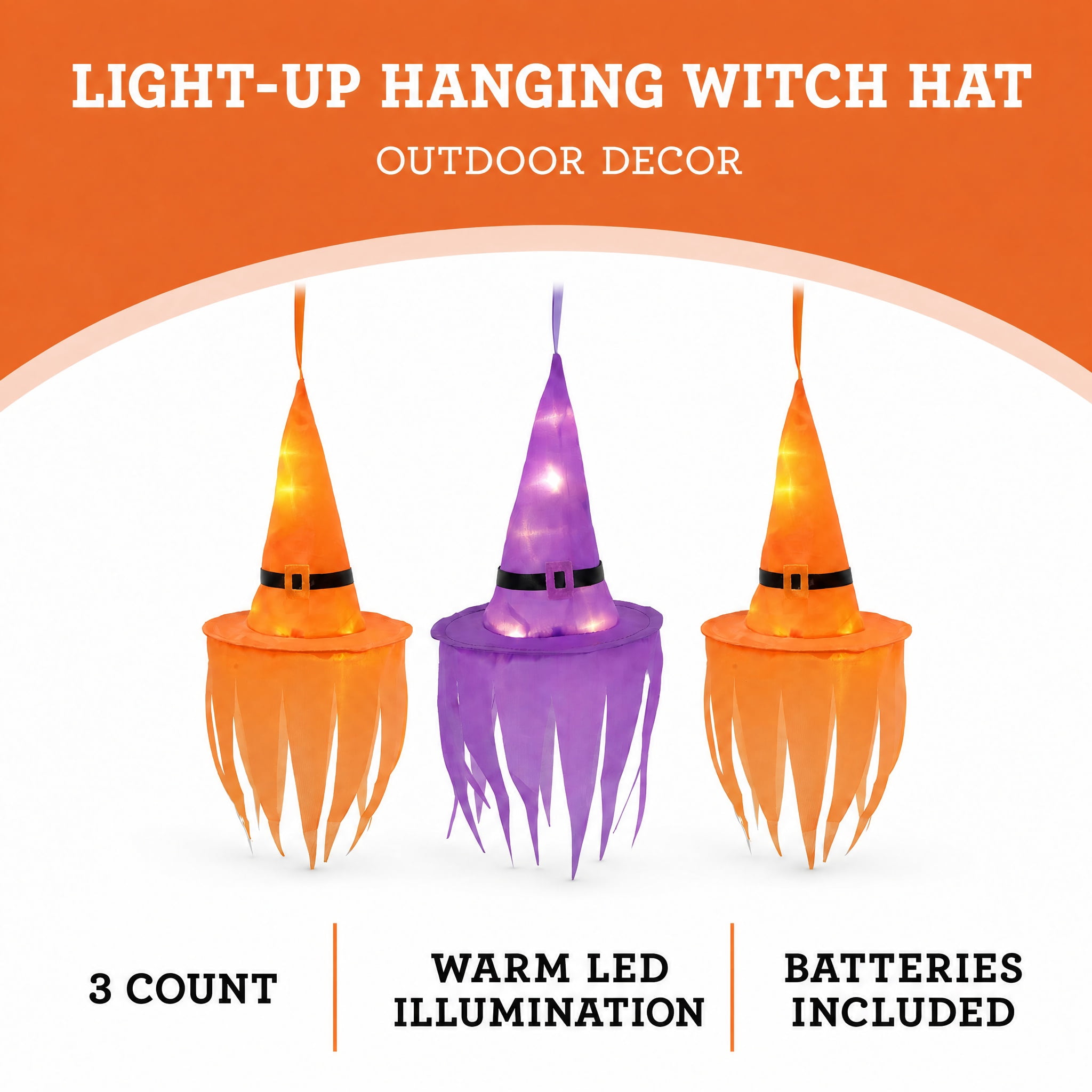 Light-Up Hanging Witch Hat Decorations, Orange and Purple, 6", 3 Count, Halloween by Way To Celebrate