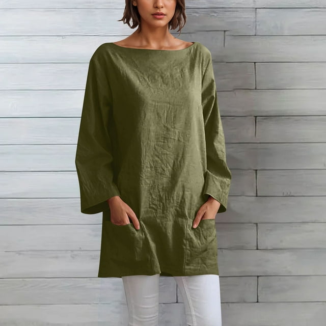 Soki Womens Linen Long Sleeve Short Dresses Round Neck with Pockets