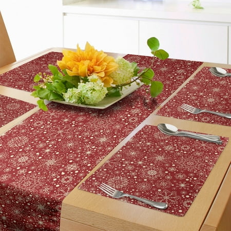 

Retro Table Runner & Placemats Snowflakes with Skinny Curls Cheerful Yuletide Noel Inspiration in Art Set for Dining Table Decor Placemat 4 pcs + Runner 14 x90 Vermilion Ivory by Ambesonne