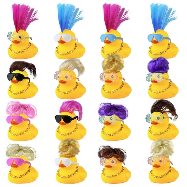 Havagdtm - Juego de 16 mini patos con peluca, collar y gafas de sol para decoración de fiesta de cumpleaños, baby shower