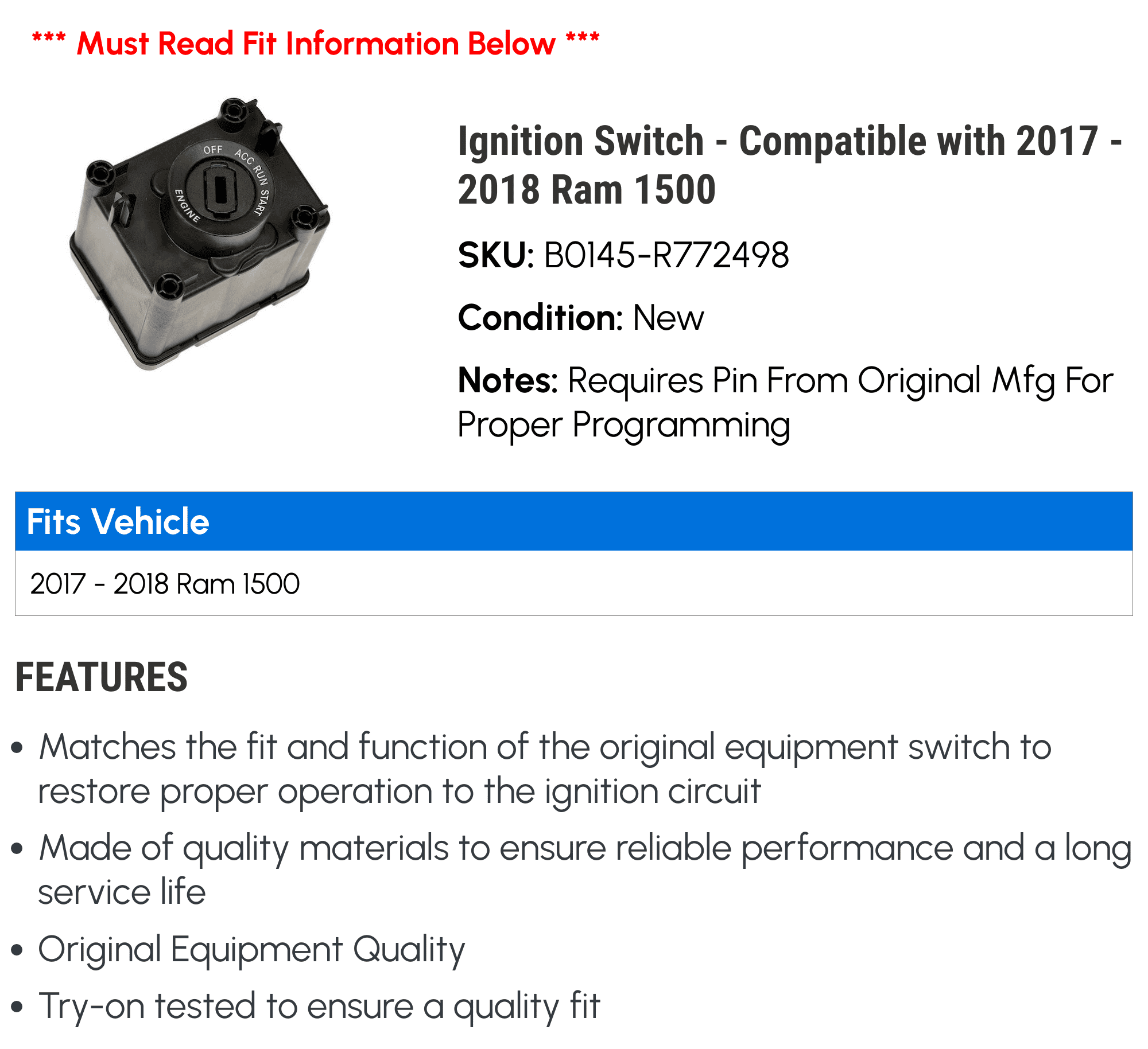 Ignition Switch - Compatible with 2017 - 2018 Ram 1500 - Dorman