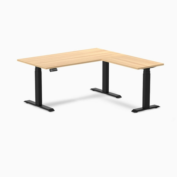Desky L-Shape Laminate Sit Stand Desk - Sublime Teak / 59 x 29.5 x 61 x 19.7 inches / Matte Black