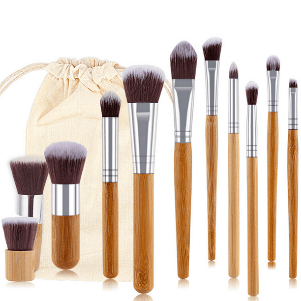 Kit de 11 Brochas para Maquillaje Profesional, Brochas de Bambú