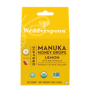 Wedderspoon Organic Manuka Honey Drops, Lemon with Bee Propolis, 20 CT - Soothing Throat Drops with Immunity Support
