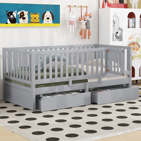 Twin Size Wood Daybed with Fence Guardrails and 2 Drawers, Split into Independent Floor Bed & Daybed, Gray