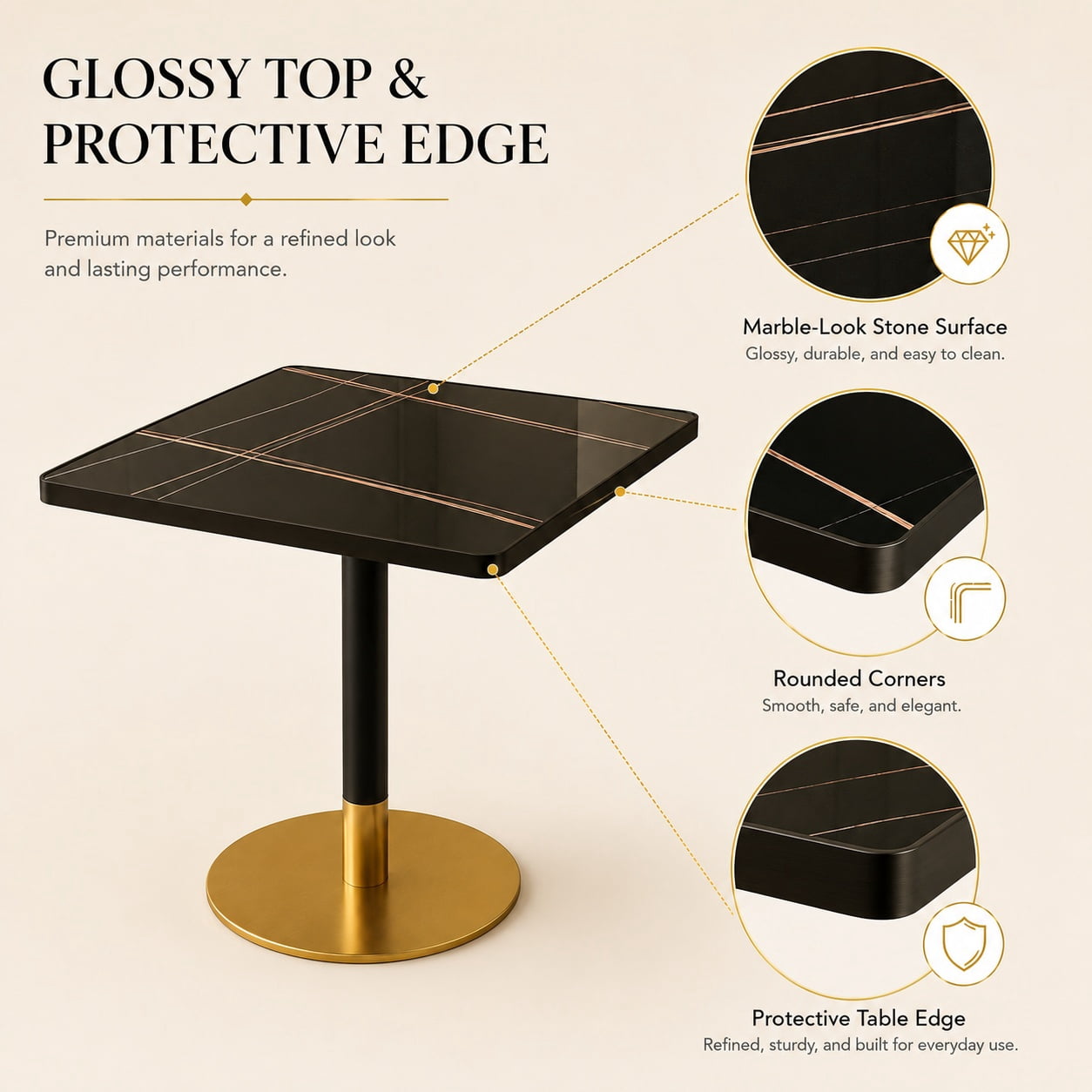 Aukfa 31.5" Square Dining Table for 2-4, Marble-Look Sintered Stone Top, Gold Pedestal Base, Small Spaces,Nero Black