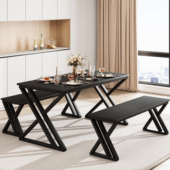 Huisuilinss Dining Table Set For 4,3 Piece Kitchen Table With Benche,Kitchen Table Set With X Metal Frame,Rectangle Wood Dinette Table Set,Farmhouse Breakfast Table For Space Saving Apartment Studio