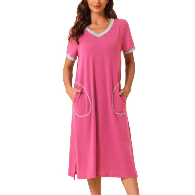 Camisón de noche de mujer INSPIRE CHIC con escote en V, abertura lateral, manga corta, camisón largo con bolsillos, 2XL, rosa claro