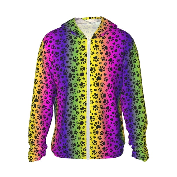 Balery Animal Paw Rainbow Sudadera ligera de manga larga con capucha y protección solar UPF 50+ para hombre y mujer, ideal para pesca y running-Medium
