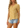 thumbnail image 4 of INSPIRE CHIC Women's Ruffle Puff Short Sleeve Floral Print Button Front Closure Tops Yellow S, 4 of 6