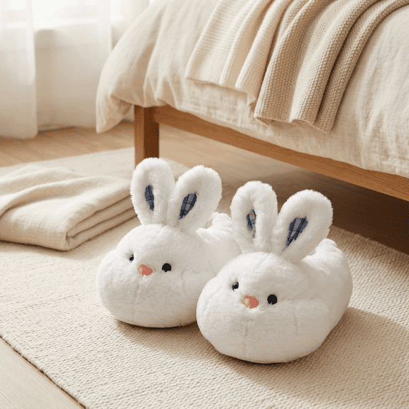 Women’s Cute Bunny Slippers Plush Fuzzy House Shoes Soft Cozy Bedroom Dorm Indoor Slippers White Rabbit 7-8