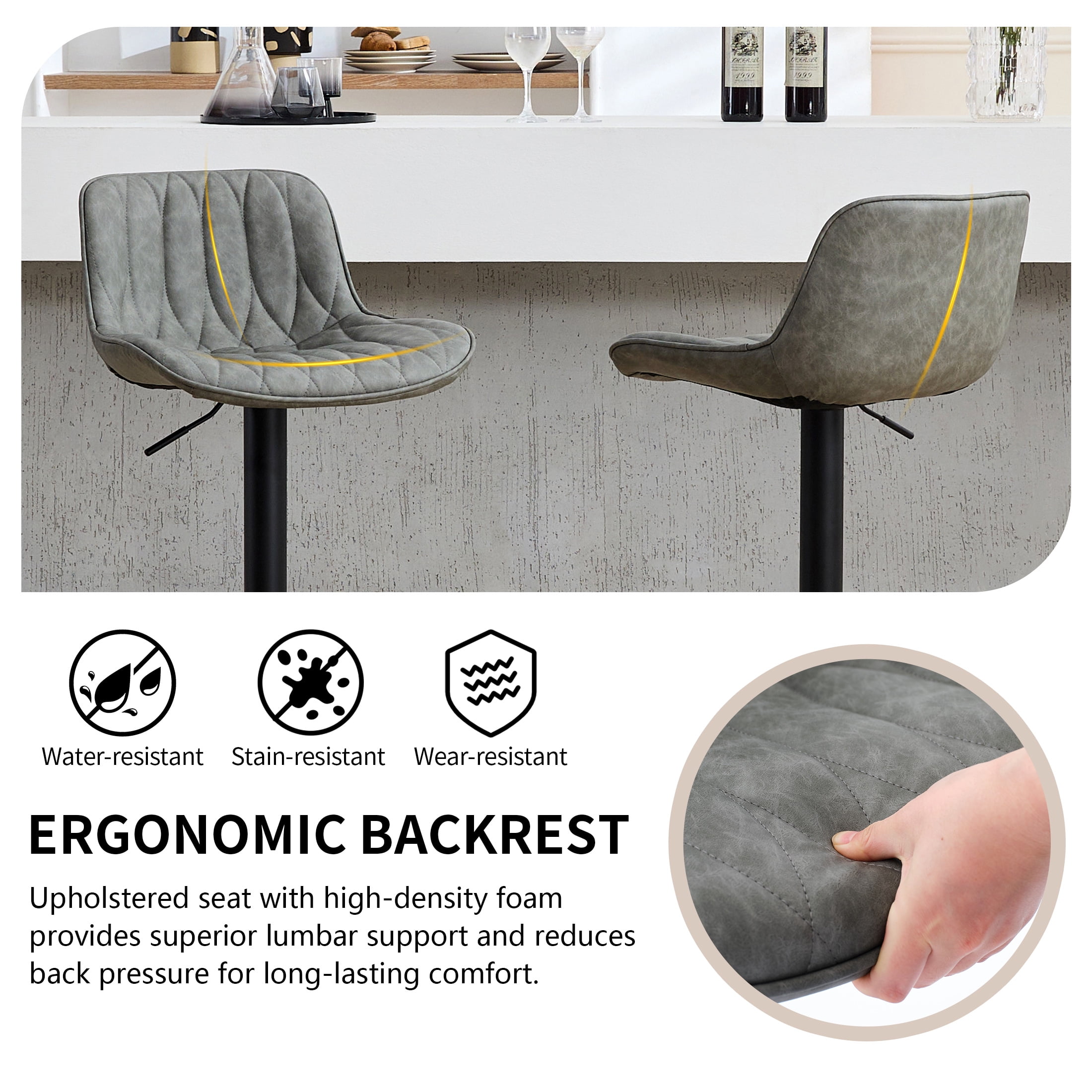 FIRAVOE Swivel Bar Stools Set of 2 (Adjustable Height 25"-33") Counter Height Bar Stools with Back, Modern Faux Leather Barstools for Kitchen Island, Gray