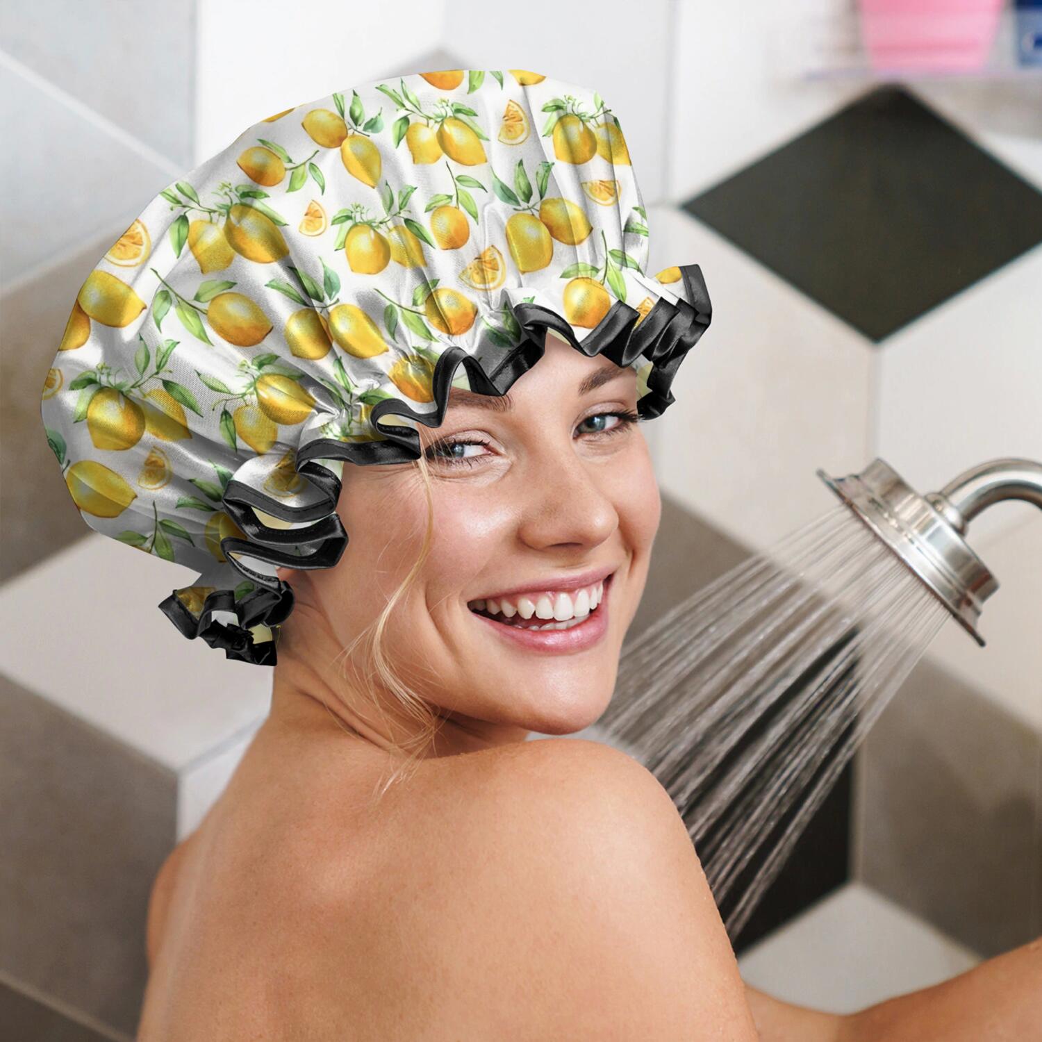 Shower Caps,Yellow Lemon Fruit Slices White Pattern Waterproof Shower Cap for Women 4 Pieces,Double Reusable Hair Cover for Shower PEVA Elastic Stretch Hem