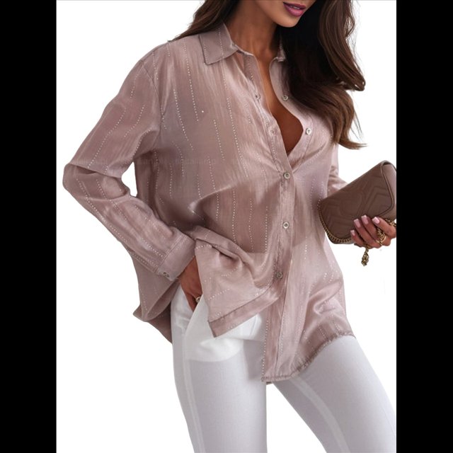 Blusa de Transparente con Botones para Mujer, Larga, Color Liso, con Diamantes Llamativos Caqui XL