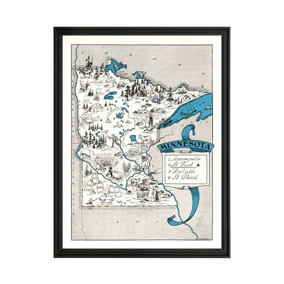Minnesota Art, 1931 Vintage Map of Minnesota History Wall Decor Gift, Old Minnesota Map - 18" x 24" Black Framed Print