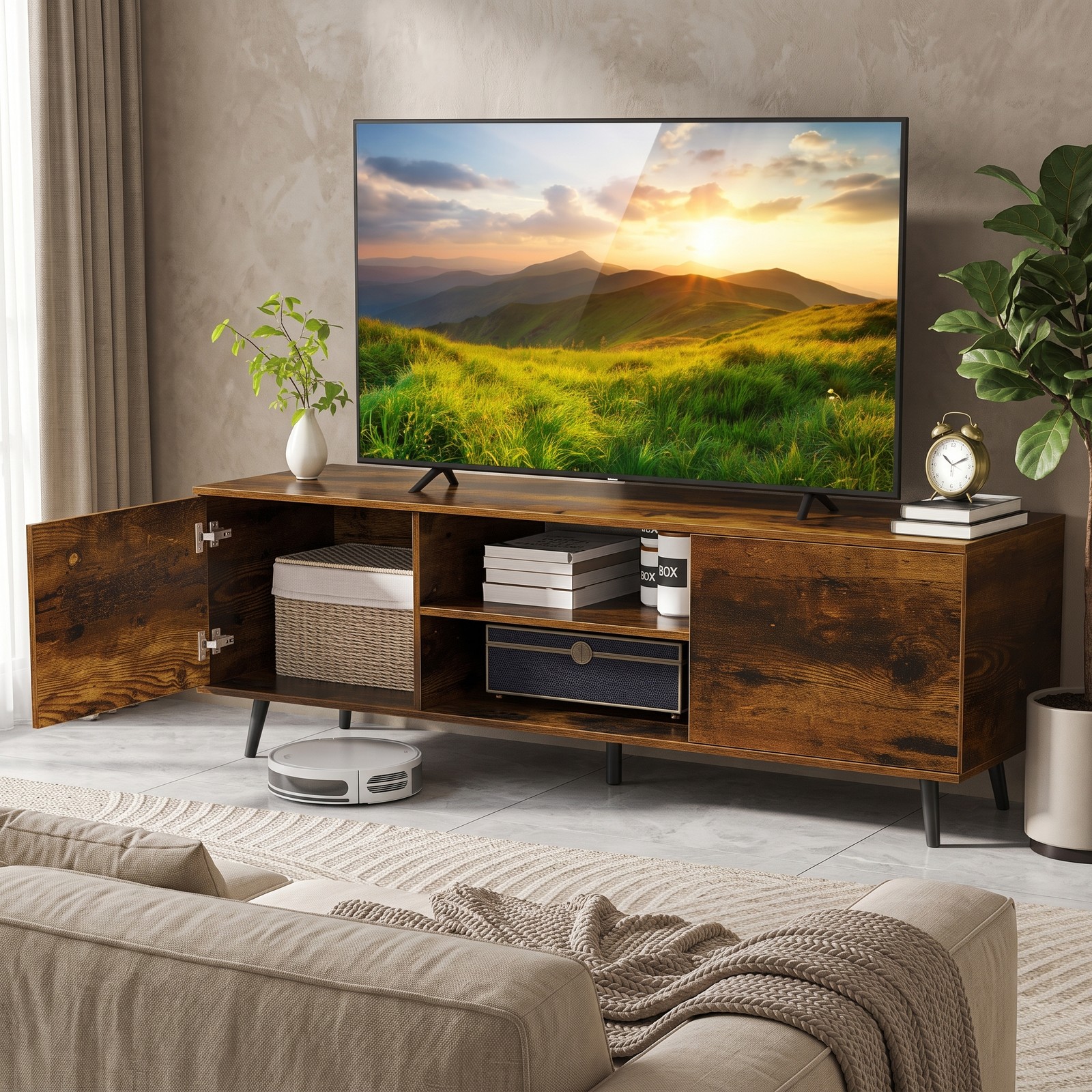 Furnibear TV Stand for 60 Inch TVs with 2 AC Power Outlets, USB-A & USB-C Charging Ports, 3-Position Adjustable Shelf, Media Console Entertainment Center, Rustic Brown