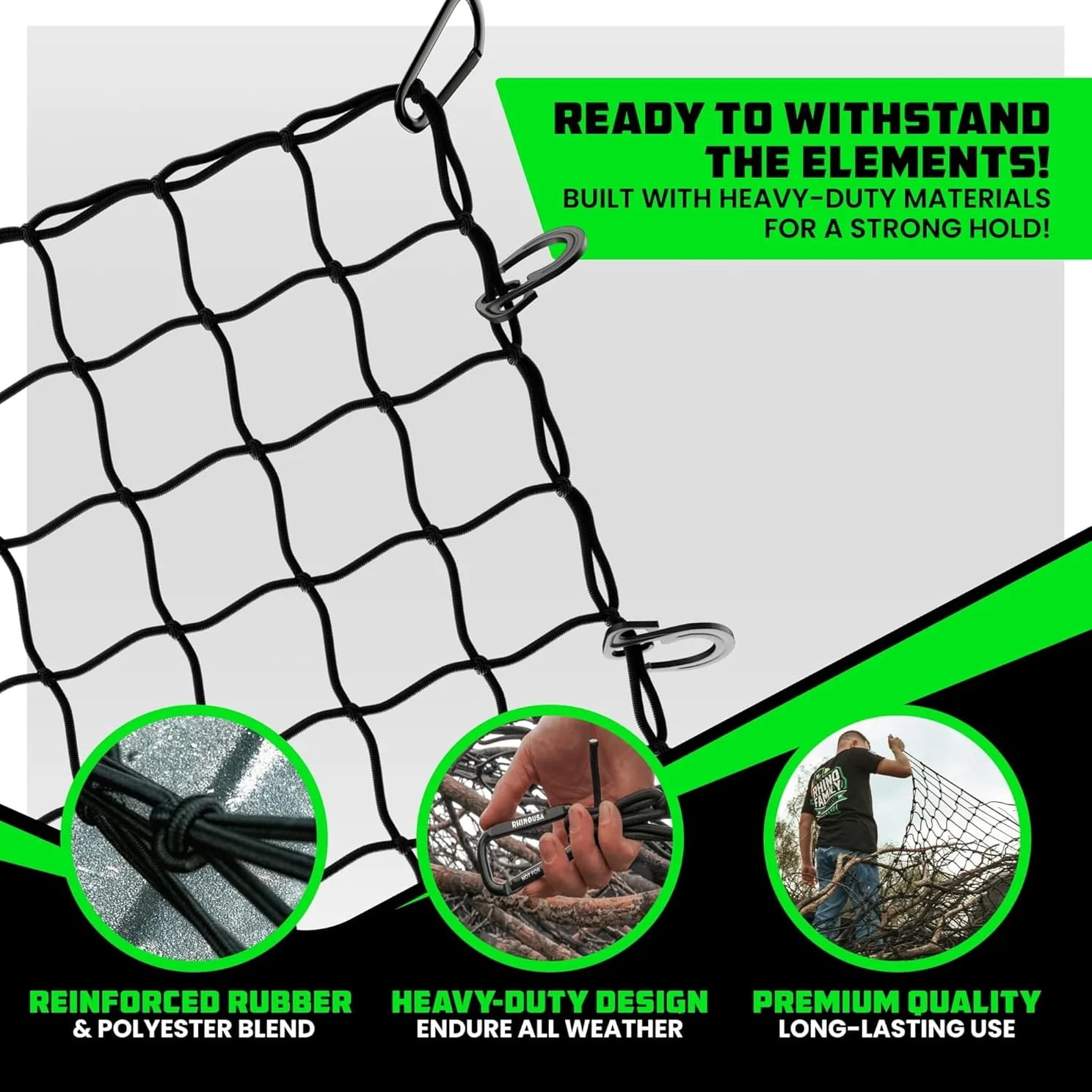 Rhino USA Double Thick Heavy Duty Bungee Cargo Net with 6 Metal Carabiners and Storage Bag