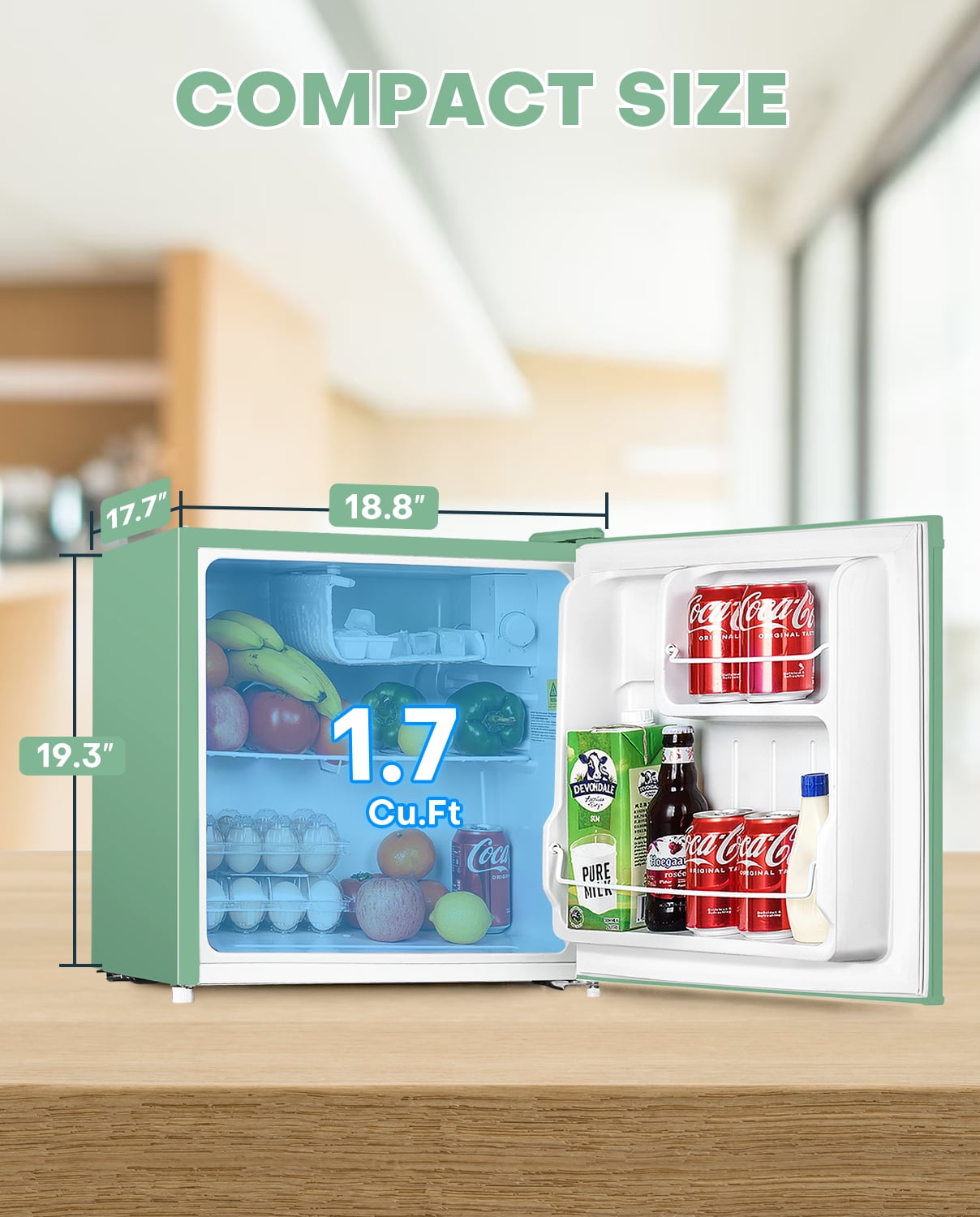 Upstreman 1.7 Cu ft Mini Fridge with Freezer Single Door Compact Refrigerator, Low Noise, Energy Saving, Adjustable Temperature, Reversible Door, for Home Office Dorm, Green FR17