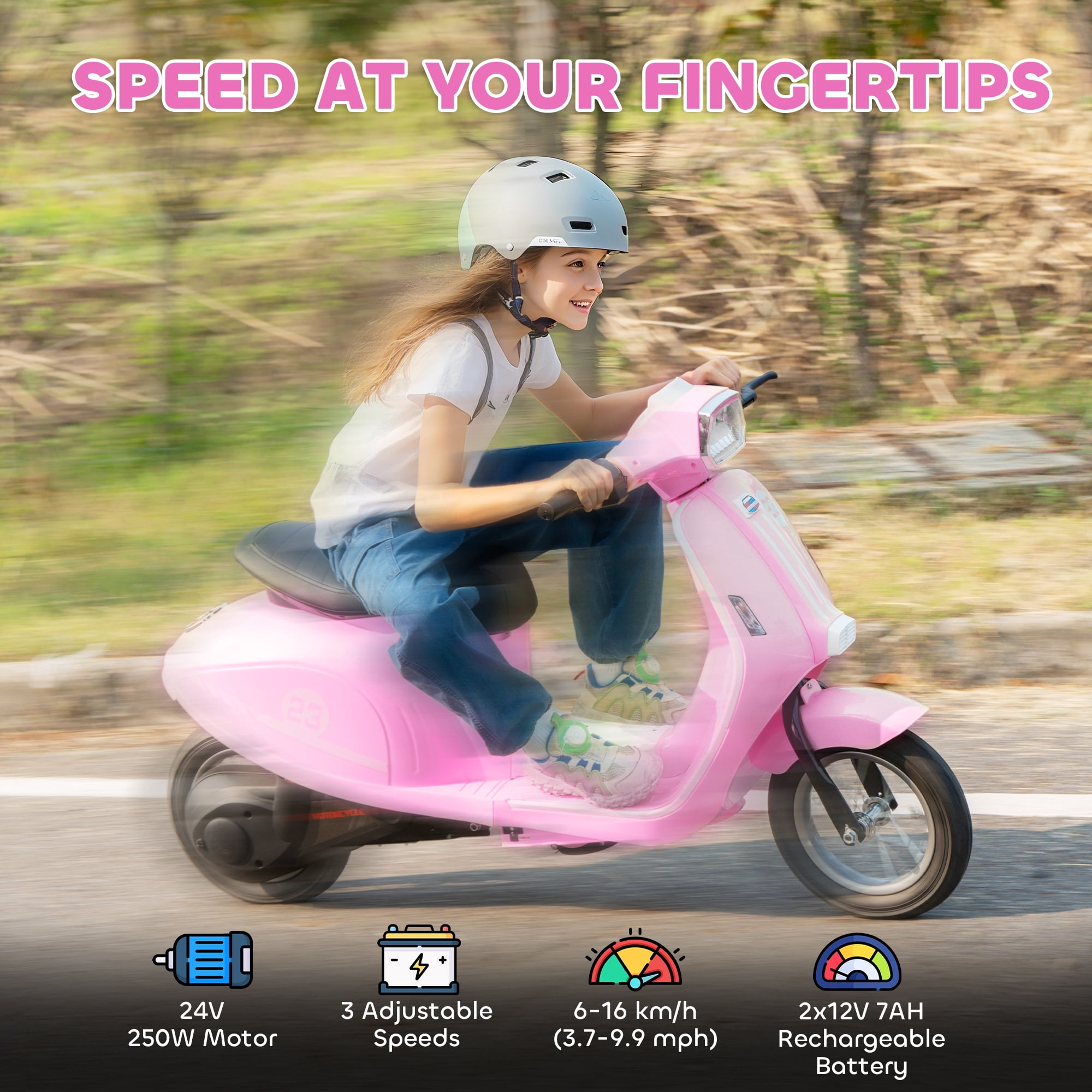 Qaba Kids Motorcycle, 24V Electric Motorcycle with Rear Suspension, LED Lights, Ride On Toy with 3-Speed Control for 8-12 Years Boys and Girls, Pink